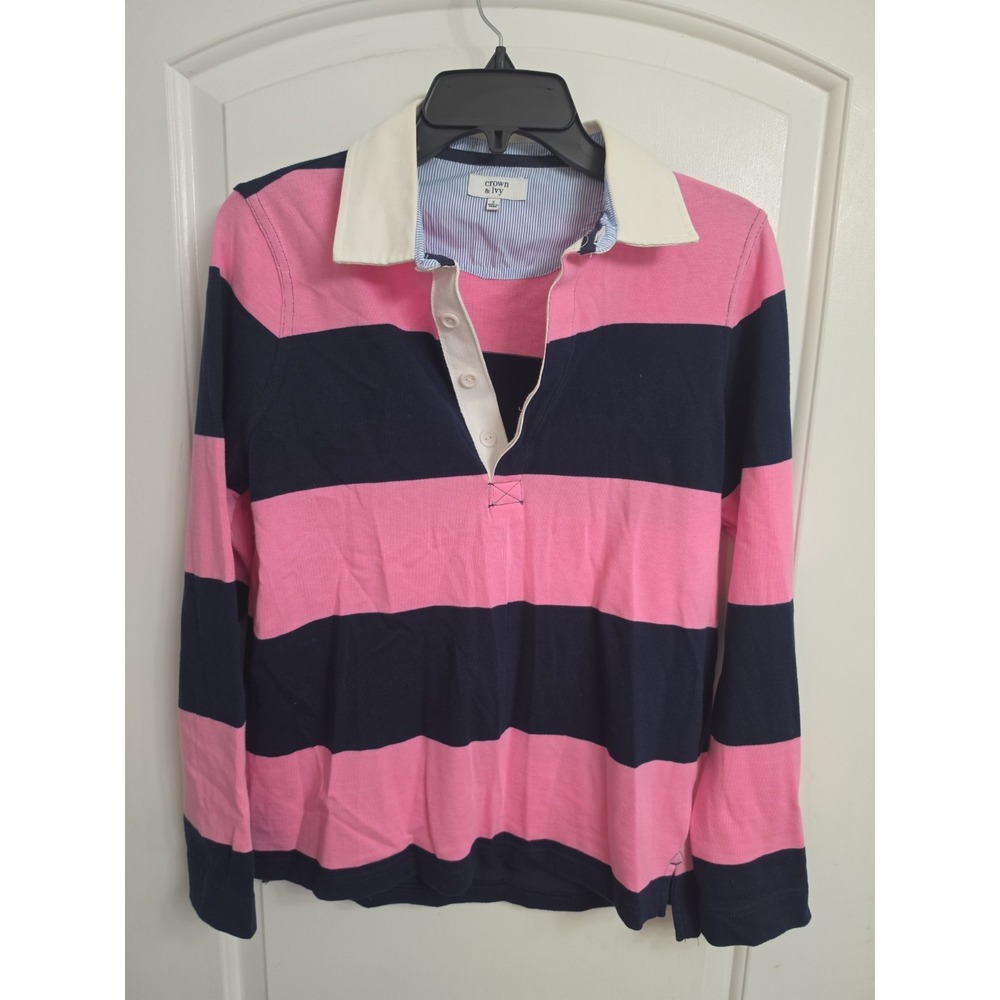 Crown & Ivy Womens Pink/blue Striped Long Sleeve Rugby Polo Shirt Size Small